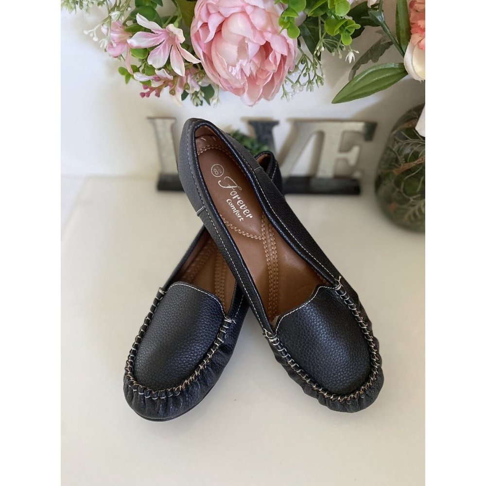 Forever Comfort Women Shoes Size 8.5 Black‎ with White Stitching Wedge Heels New
